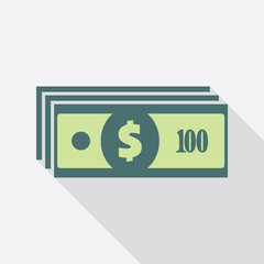 Dollar banknotes stack. Flat icon. American currency note symbol. One hundred USA dollars vector pictogram. Greenback stylized eps8 illustration.