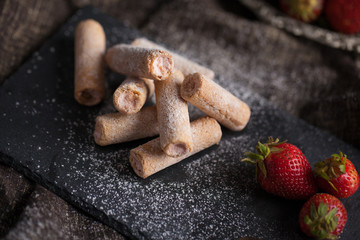 Strawberry cut snack filling strawberry cream decorated with fresh strawberry fruit