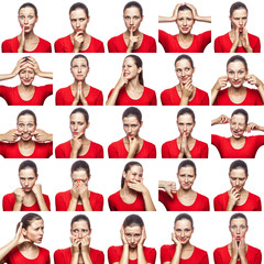 Mosaic of woman with freckles expressing different emotions expressions. The woman with red t-shirt with 16 different emotions. isolated on white background. studio shot.
