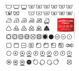 Icon set of laundry symbols in modern thin line flat design style. Clothing washing, bleaching, drying, ironing, cleaning pictograms. Garment care labels vector eps8 illustration.