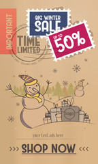 The original banner big winter sale with drawing snowman, gifts and snowflakes