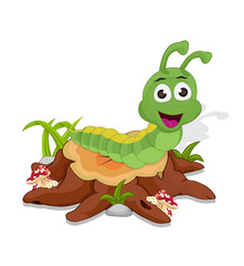 Illustration of a caterpillar in smiling pose above the cutting tree