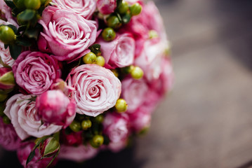    Wedding bouquet of bride - colorful flowers. close up of wedd
