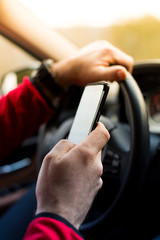 Dangerous texting while driving fast in car
