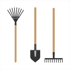 Garden rake equipment flat set vector.