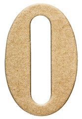 0, zero, numeral from cardboard, isolated on white background