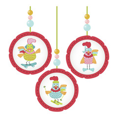 Cute cartoon rooster character illustration. Calendar template for creating a calendar with funny cocks. Symbol of 2017 red rooster Chinese New Year