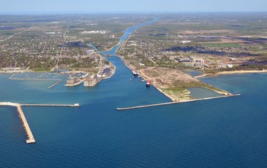 aerial view of the Welland Canal West entrance during Spring, Ontario Canada 