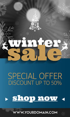 Winter sale banner aquamarine blue with snow, black and white background, snowflakes, tree and discount.
