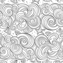 Fototapeta premium Vector seamless pattern with waves and shells. Black and white hand-drawn illustration.