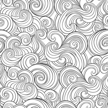 Abstract seamless pattern with hand-drawn waves. Black and white vector illustration.