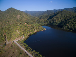 Fototapeta na wymiar Forest and reservoir in top view, Lampang, northern Thailand
