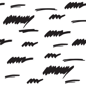 Marker strokes seamless pattern in black and white colors. Felt pen streaks hand drawn repeating texture. Abstract background for print, textile, fabric. Vector illustration in EPS8.