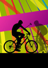 Fototapeta na wymiar Bicycle polo players active men cyclists riders in abstract land