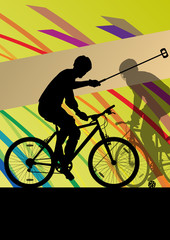 Fototapeta na wymiar Bicycle polo players active men cyclists riders in abstract land
