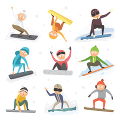 Snowboarder jump in different pose on white background