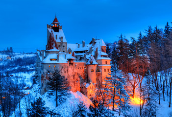 Winter scene with the famous castle of Count Dracula in Bran town in Transylvania