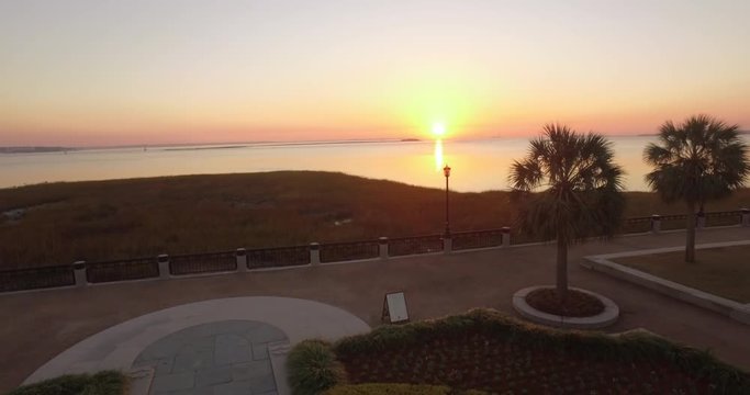 Aerial flyover of the Pineapple Fountain at sunrise in Charleston, SC