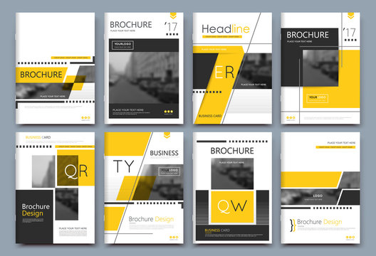 Abstract composition. White a4 brochure cover design. Info banner frame. Text font. Title sheet model set. Modern vector front page. Brand logo texture. Yellow color figures image icon. Ad flyer fiber