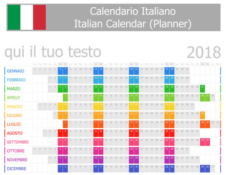 2018 Italian Planner Calendar with Horizontal Months on white background