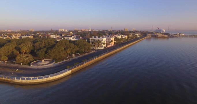 Aerial View of the Charleston Battery and Downtown at Sunrise along East Bay Street