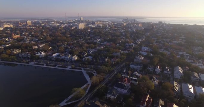 Aerial Flyover of Downtown Charleston SC and Colonial Lake in Early Morning