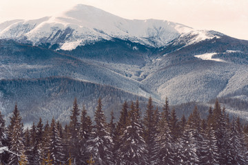Magic sunset in the snowy mountains. Vintage effect