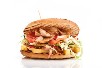 close up of kebab sandwich on white background..