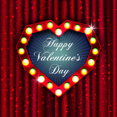 Valentine`s Day, heart shape on red curtains background . Vector