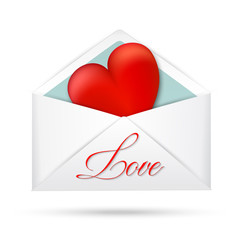 Red heart in envelope isolated on a white background. Valentine'