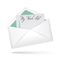 Open envelope with my wish list words. White background. Vector