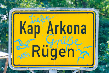 Obraz premium The yellow road sign Cape Arkona on the Baltic Sea