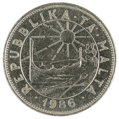 one maltese lire (pound) coin (1986) isolated on white backgroun