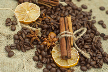Cinnamon, star anise and coffee beans