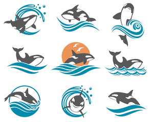 Fototapeta premium kolekcja z abstrakcyjnymi symbolami fal wielorybów i morza