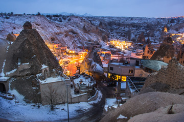 Night view of the Uchisar town. The cave city in Cappadocia. Turkey