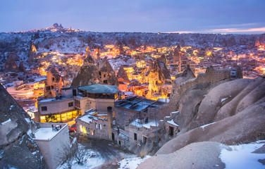 Night view of the Uchisar town. The cave city in Cappadocia. Turkey