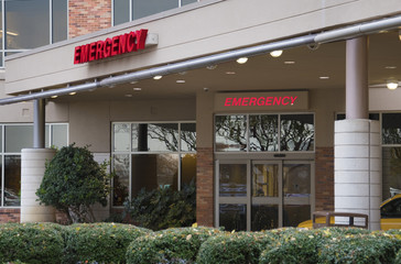 Stock photo of hospital emergency entrance, with no identification or logos