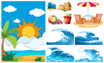 Beach scene with big waves and equipments