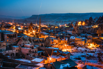 Night view of the Uchisar town. The cave city in Cappadocia. Turkey