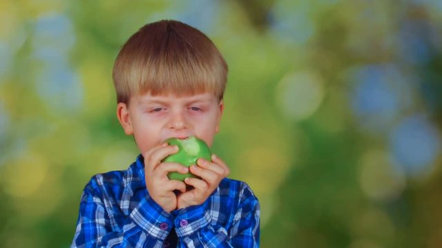 Cute little boy eating green apple and smiling