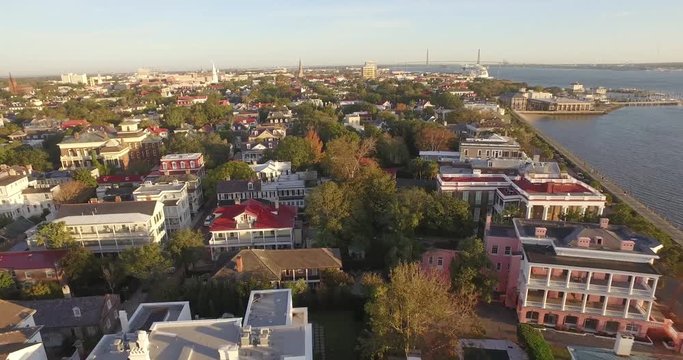 Aerial over downtown Charleston, SC, with the battery and White Point Garden