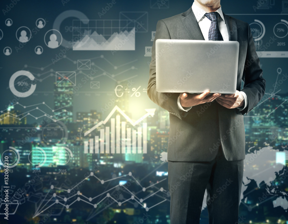 Poster man using laptop with business charts