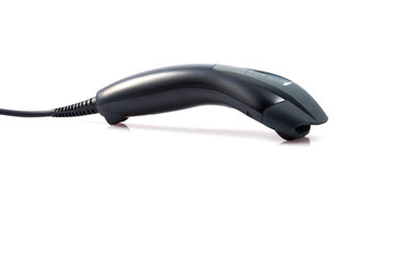 hand reader of barcode on white background