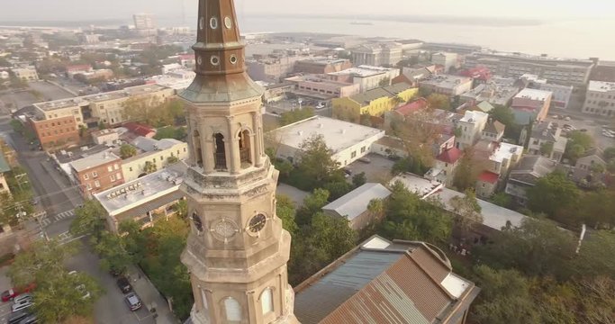 Circular aerial shot of St Philips Church in Charleston, SC