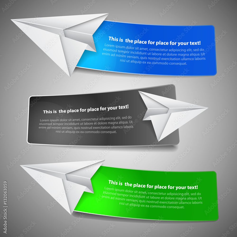 Poster set of three colorful bright horizontal paper cut out headers or banners with abstract creative desi