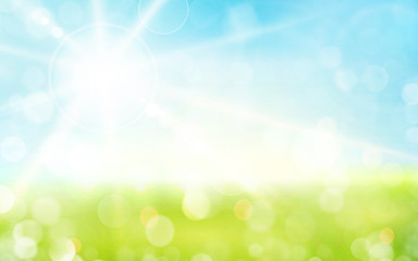 Light green, blue spring background with sun shine and blurry li - obrazy, fototapety, plakaty