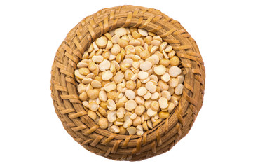 Yellow peas in a basket on a white background