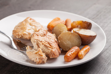 Garlic maple chicken with potatoes and carrots horizontal shot