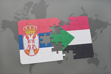 puzzle with the national flag of serbia and sudan on a world map